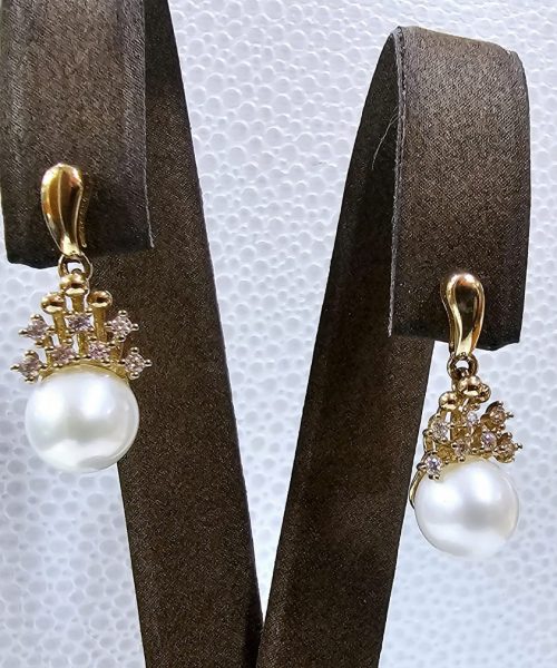 EARRINGS 9KT/ CULTURED PEARL, CUBIC ZIRCONIA