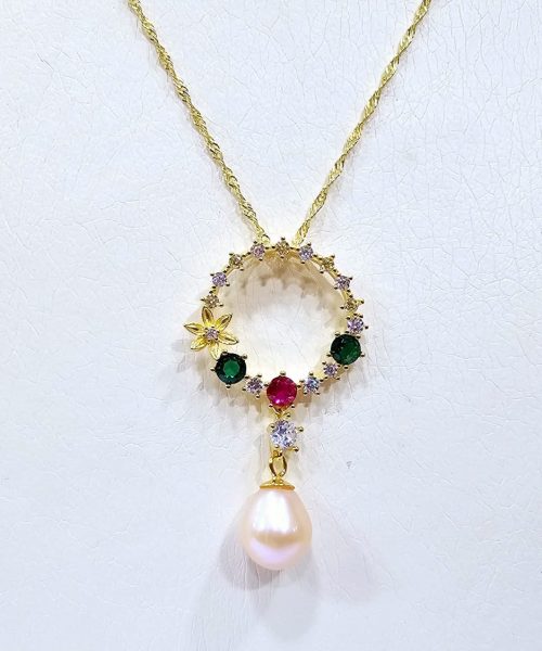 NECKLACE SILVER/ CUBIC ZIRCONIA/ CULTURED PEARL