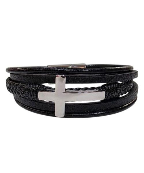 BRACELET STAINLESS STEEL/ LEATHER/ CROSS