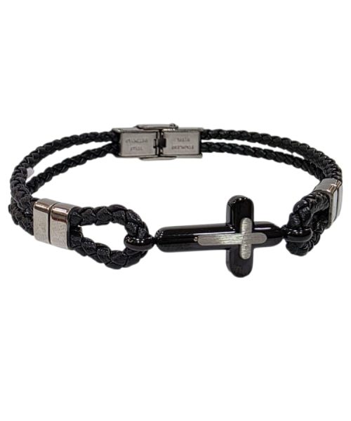BRACELET STAINLESS STEEL/ LEATHER/ CROSS