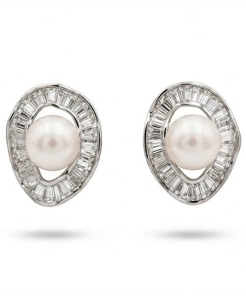 EARRINGS SILVER/ CULTURED PEARL/ CUBIC ZIRCONIA